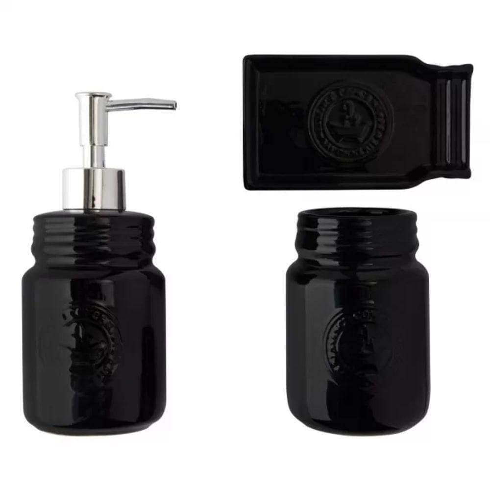 Kit Banheiro Lavado Acessórios Luxo Preto Cerâmica 3 Peças
