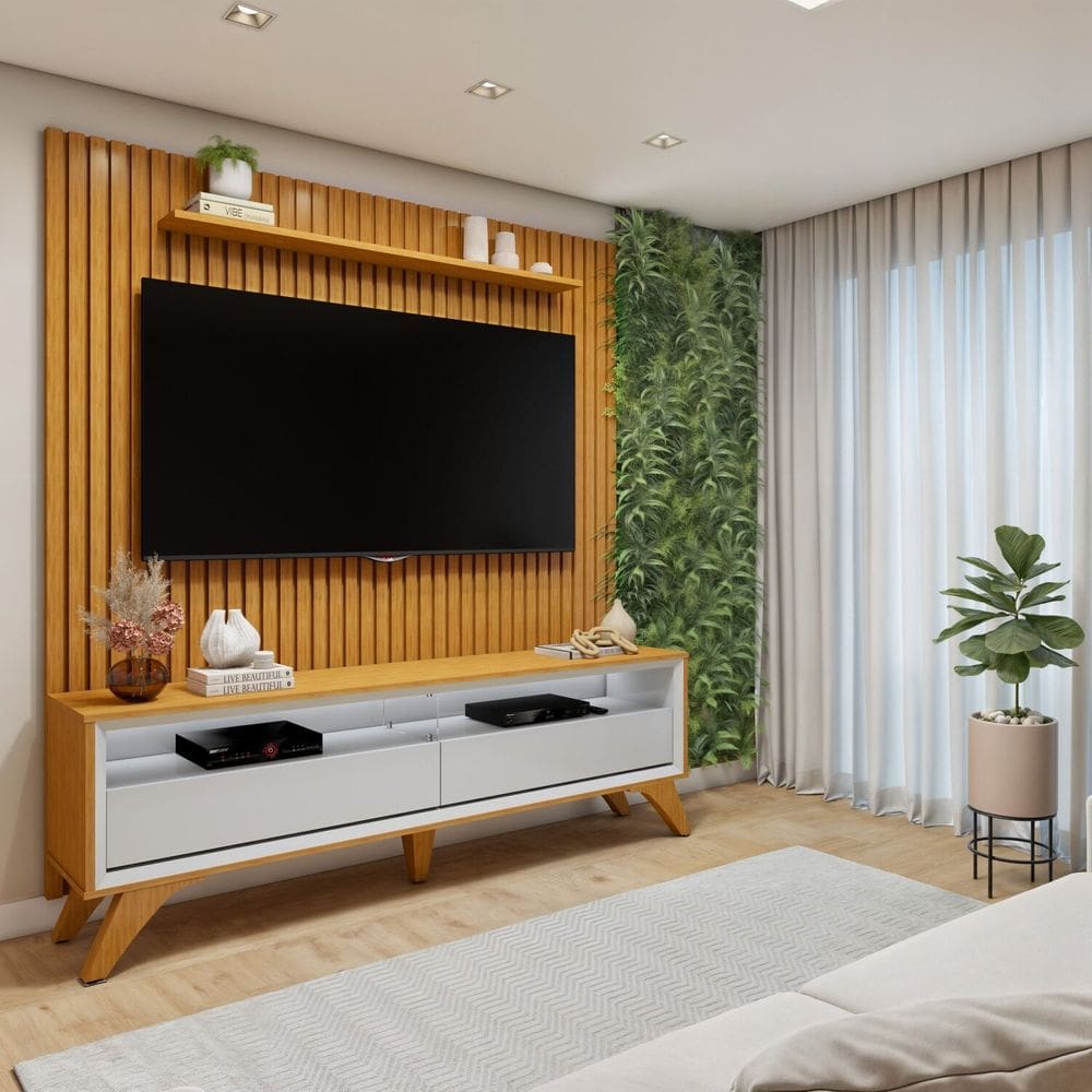 Conjunto Rack Áustria 180cm com Painel Ripado para Tv de até 75 Polegadas Paris Naturalle/Off White