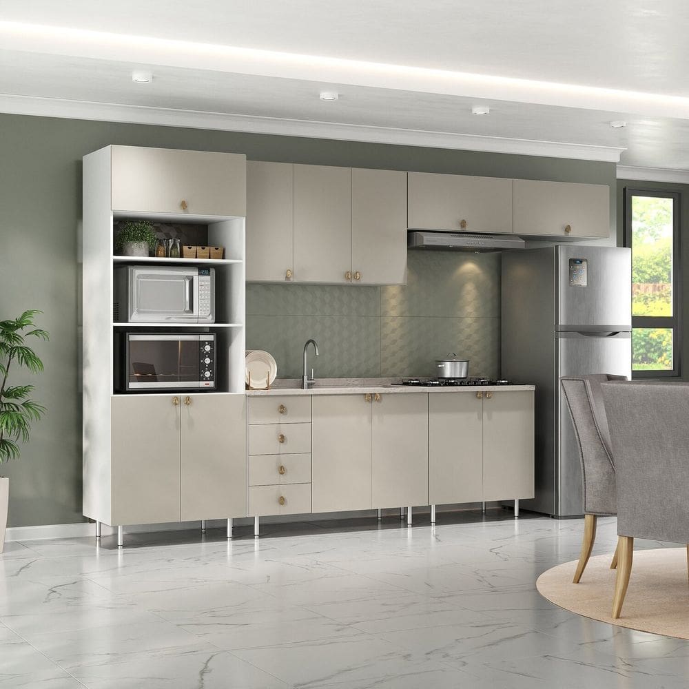 Cozinha Completa 6 Peças 100% Mdf Bp 2 Balcões 3 Aereos e Torre Quente Maranello Branco/Panna