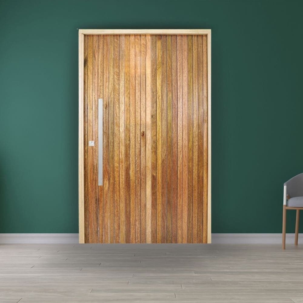 Porta Pivotante Ripada Cedro Batente 14 Puxador Barra Chata 110 X 210 Esquerdo Natural