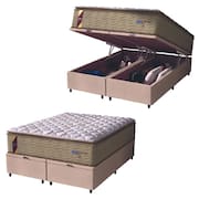 Cama Box Baú Casal King Colchão Molas Guarda Costas Max Com Pillow 193x203x81cm Suede Bege/Branco