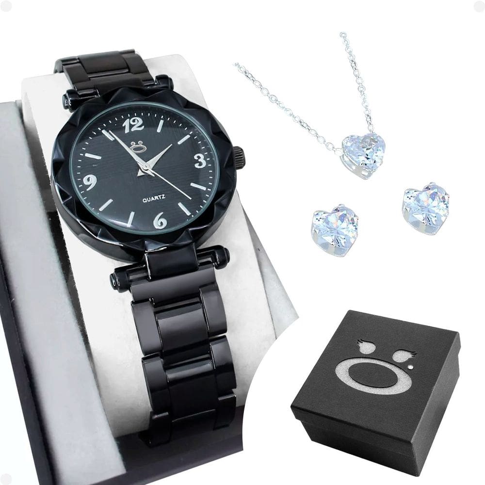 Relógio Feminino Preto Aço + Caixa + Brincos Ajustável Social Qualidade Premium Oonteiro Black Piano