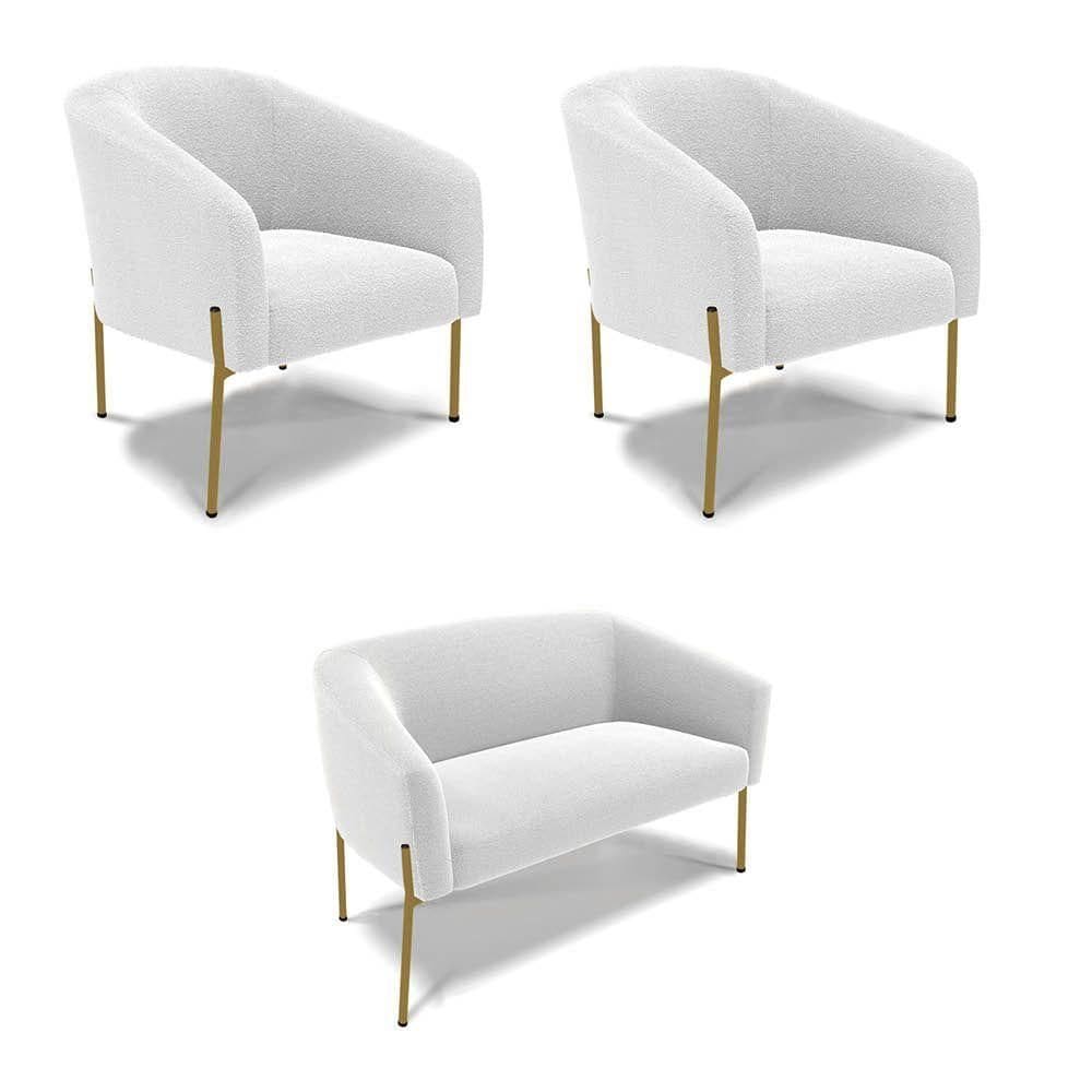 Namoradeira E 2 Poltronas Pé Ferro Dourado Stella Bouclê D03 - D`rossi Cor Off White