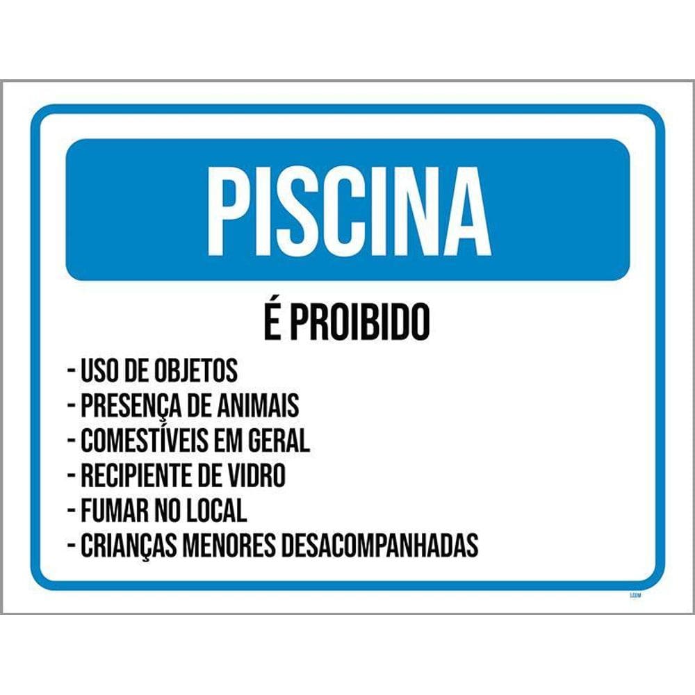 Placa Sinalização Azul Piscina Proibido Regras 36X46
