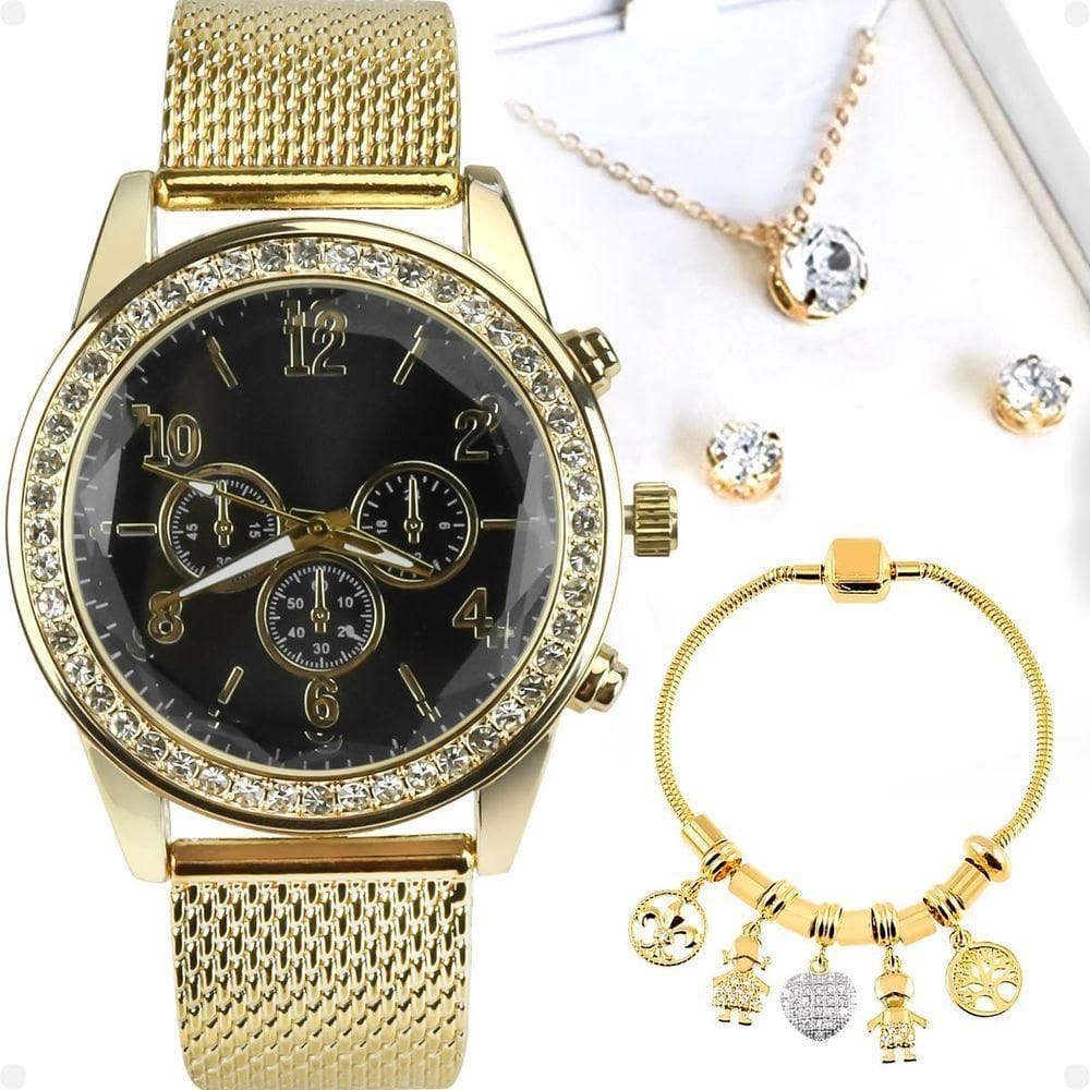 Relogio Feminino Dourado Strass + Brincos + Colar + Pulseira Prova Dagua Redondo Presente Social