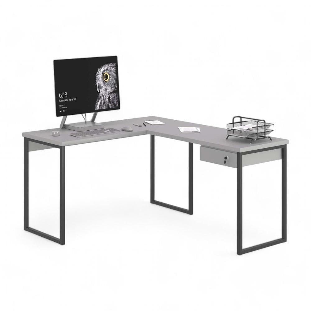 Mesa Home Office Escrivaninha L Industriale Cinza Com Gaveteiro