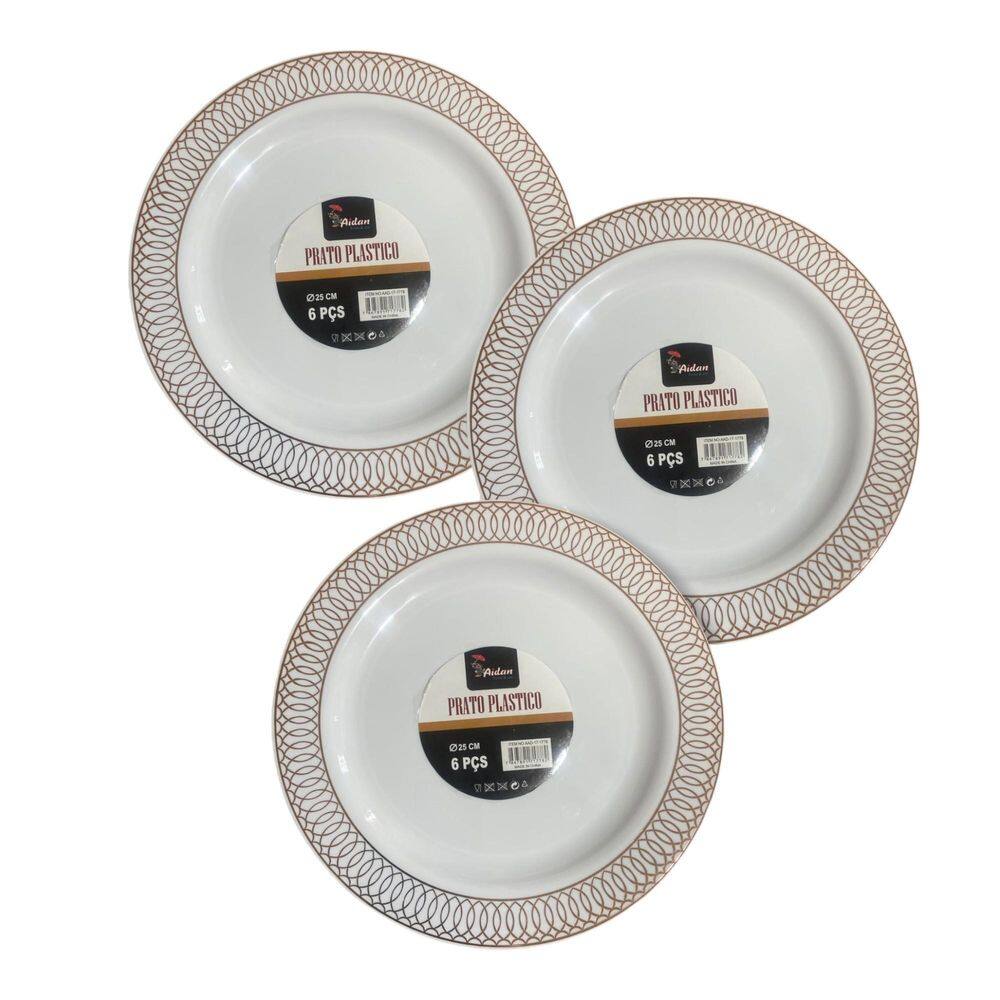 Kit 24 Pratos Redondo Acrílico Com Borda Desenhada Rose 25Cm
