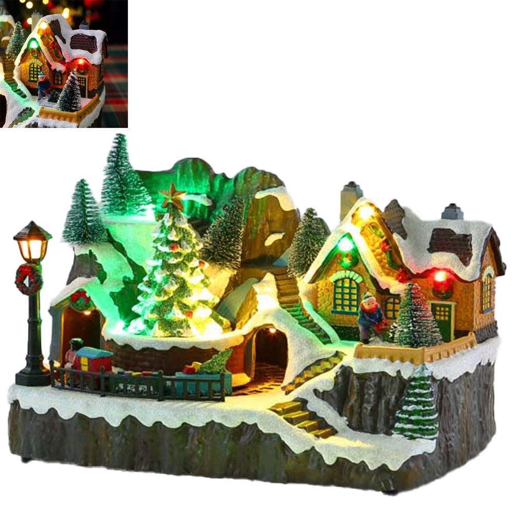 Cenario Natalino Vila Casa Arvores com Iluminação Trem Natal Decoração Movimento Led Luz
