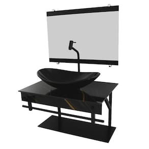 Gabinete De Vidro 60Cm Com Cuba Oval - Mármore Preto Dourado