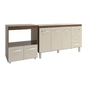 Armário Cozinha Balcão Gabinete De Pia 140 Cm Carine E Balcão Para Microondas E Forno Elétrico Amanda Savana Off White