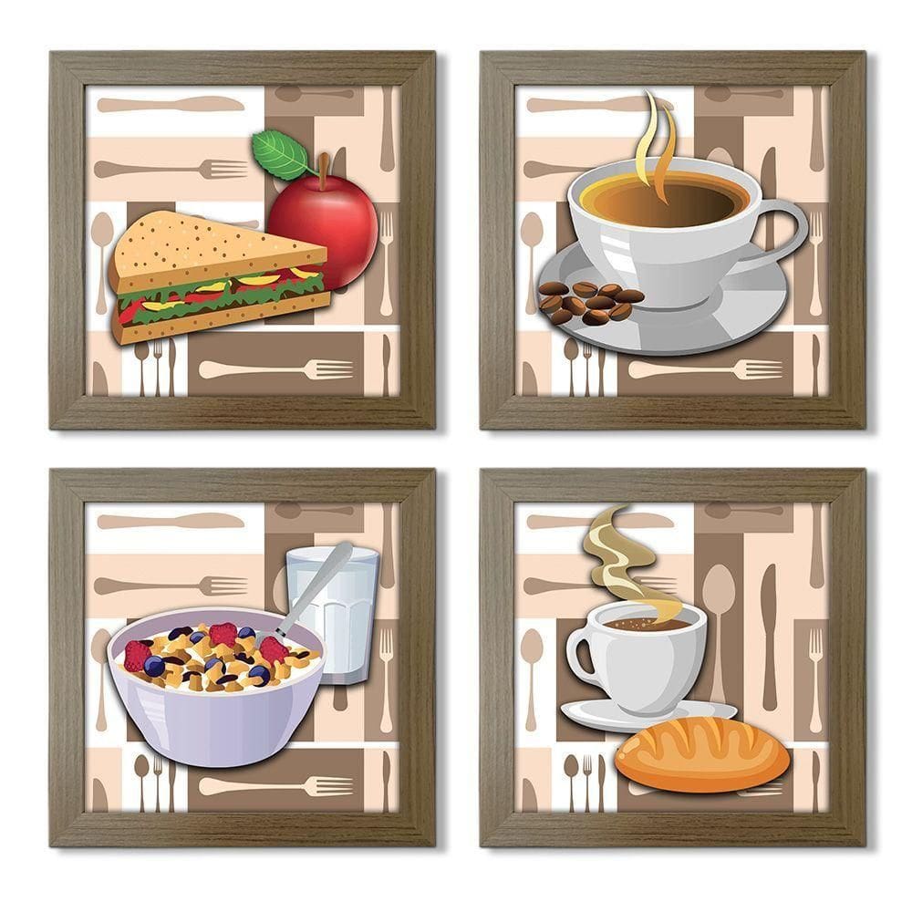 Quadro Decorativo Cozinha Café Manhã Padaria 20X20Cm Kit 4Un Titulo Moldura Madeira