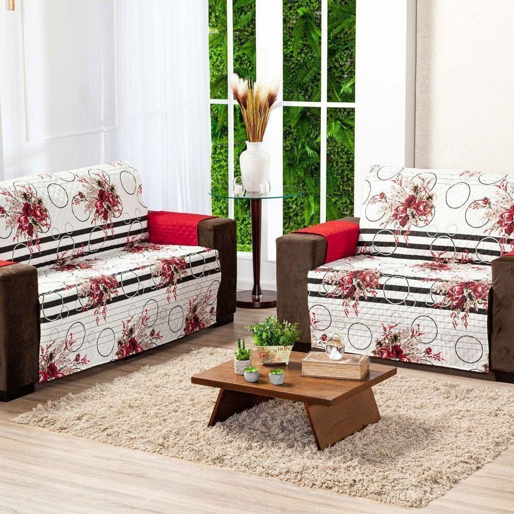 Protetor Sofa Estampado Isabela 2 E 3 Lugares - Floral Vermelho-preto