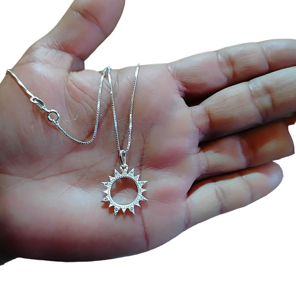 Corrente com Pingente Sol Médio de Prata Legítima 925