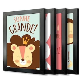 Kit 4 Quadros Infantil Leão Animais Bichos Frases 20x30cm Titulo Moldura Preta