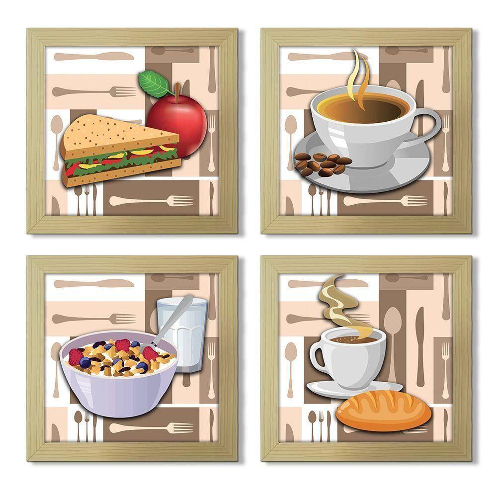 Quadro Decorativo Cozinha Café Manhã Padaria 20X20Cm Kit 4Un Titulo Moldura Marfim Listrado