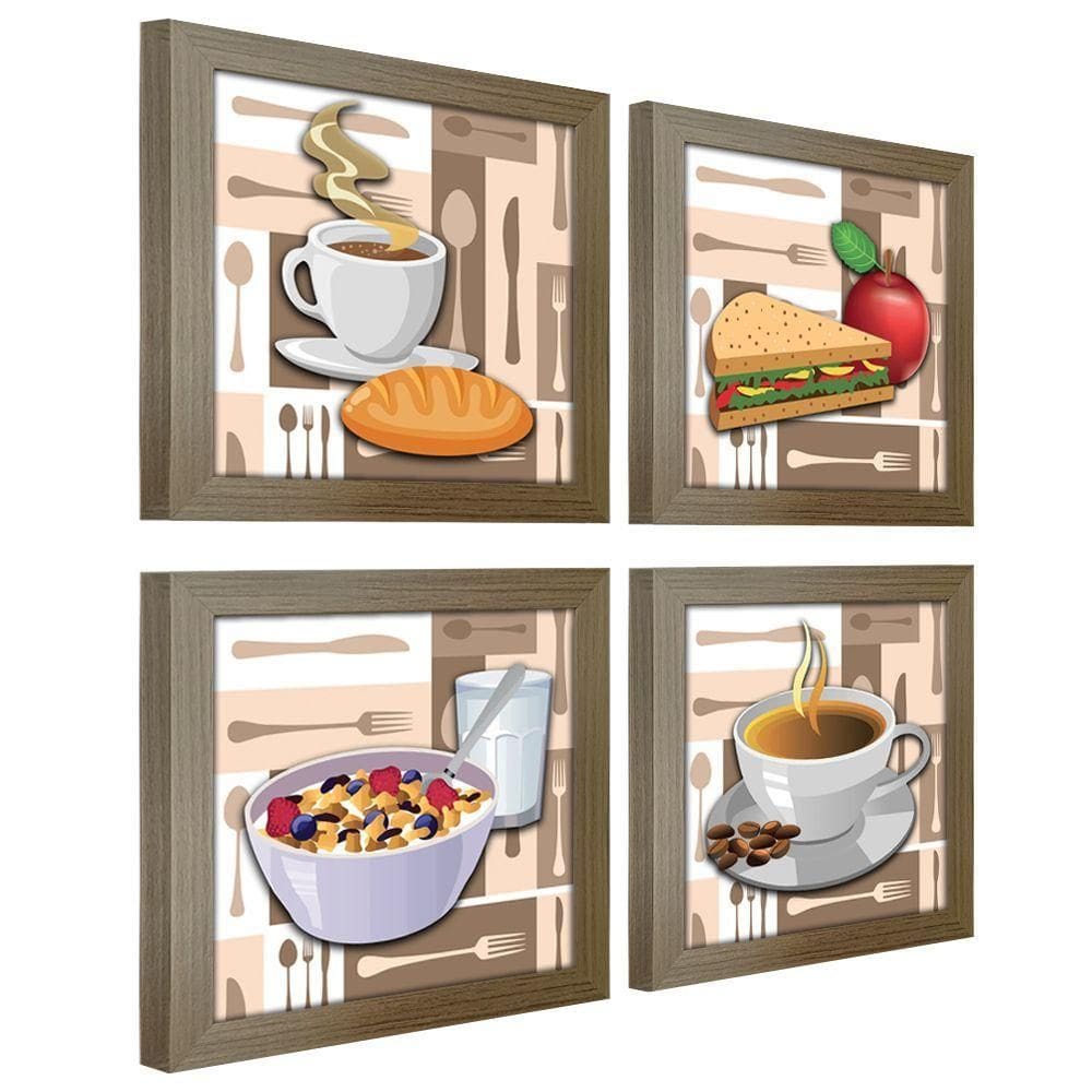 Quadro Decorativo 20X20Cm Kit 4Un Titulos Moldura Madeira