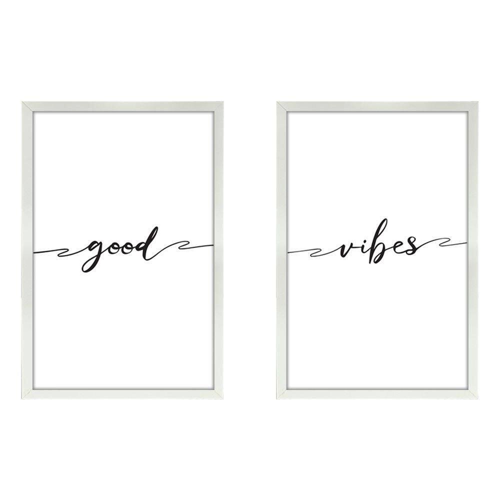 Kit 2 Quadros Decorativos Casal Frases Good Vibes 40X60Cm Titulo Moldura Branca