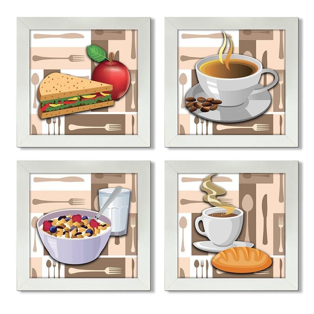 Quadro Decorativo Cozinha Café Manhã Padaria 20X20Cm Kit 4Un Titulo Moldura Branca