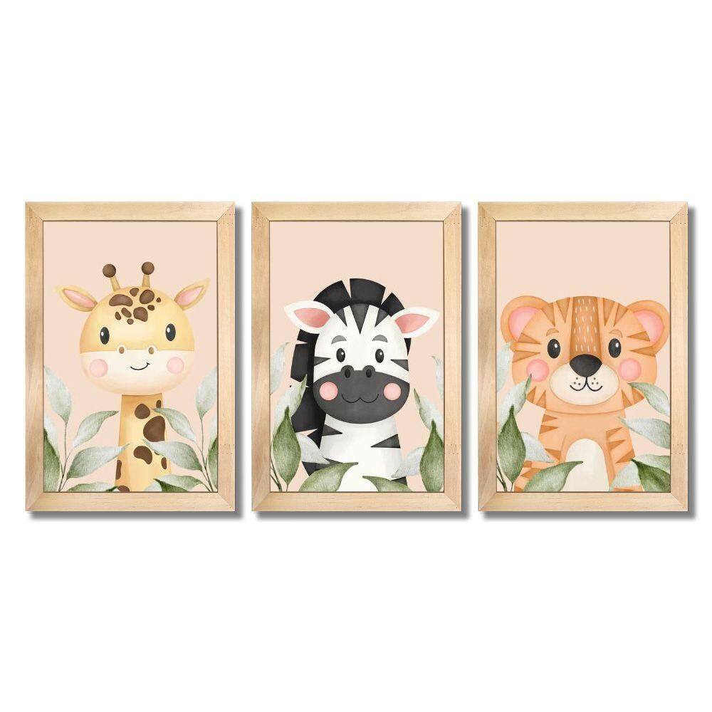 Kit Quadros Infantil Safari Aquarela 20X30 3 Peças Título Moldura Amarela