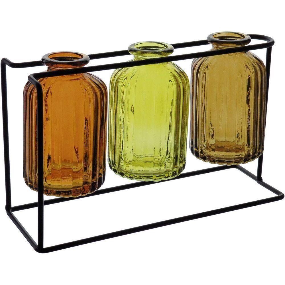 Jogo 3 Vasos Decorativo Enfeite Casa Garrafa Home&co Com Suporte Metal Vidro âmbar
