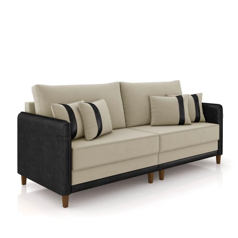 Sofá 3 Lugares Living 192cm Pé Madeira Valença Pto/veludo Bege K01 - D\`rossi