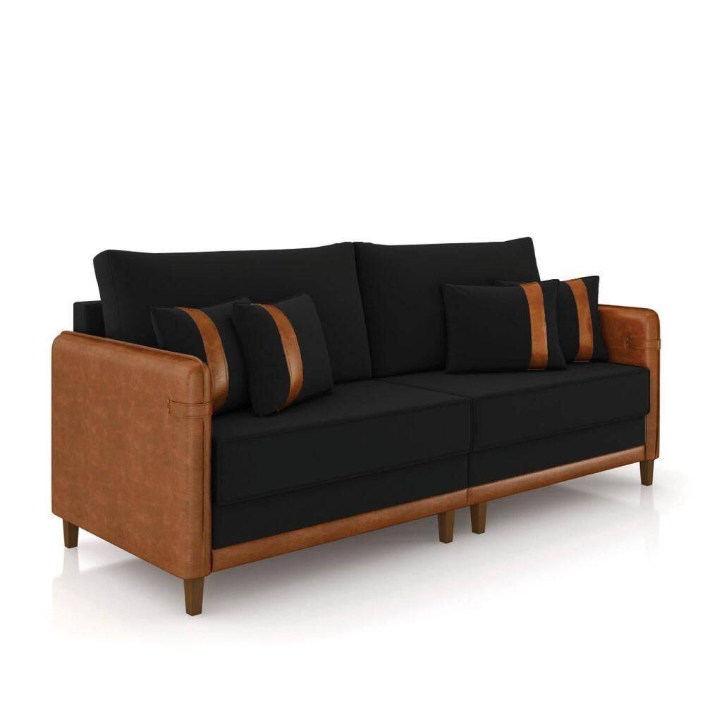 Sofá 3 Lugares Living 192cm Pé Madeira Valença Nozes/veludo Preto K01 - D\`rossi