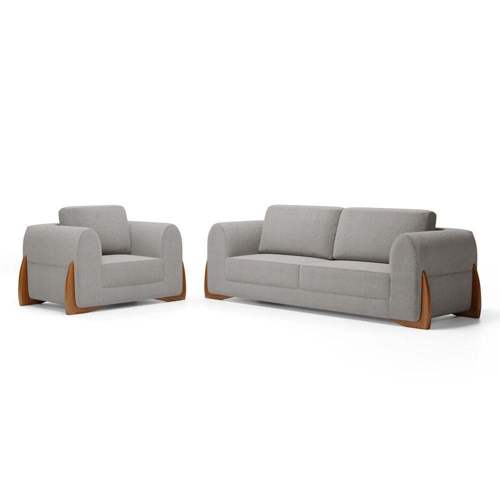 Kit Poltrona E Sofá Bloom 200cm 03 Lugares Com Pés De Madeira Bouclê Cinza - Desk Design