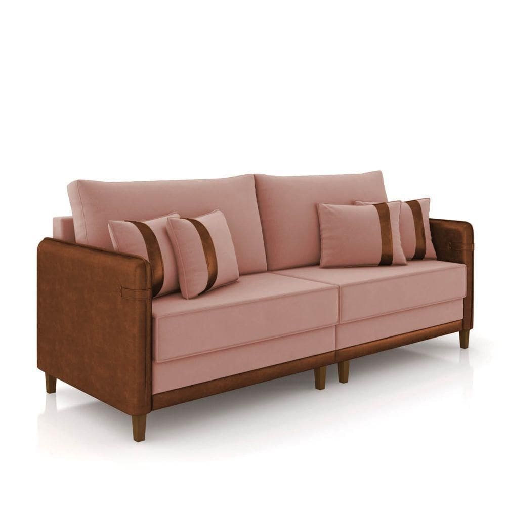 Sofá 3 Lugares Living 192cm Pé Madeira Valença Marrom/veludo K01 - D\`rossi Cor Rose
