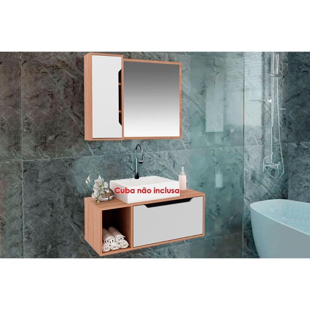 Conjunto de Banheiro Balcão Suspenso BN3644 e Balcão c/ Rodízios BN3643 80cm e Armário c/ Espelho BN3645 80cm Amêndoa/Branco - Tecno Mobili