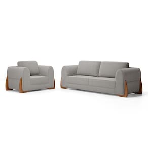 Kit Poltrona E Sofá Bloom 180cm 02 Lugares Com Pés De Madeira Bouclê Cinza - Desk Design