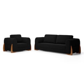 Kit Poltrona E Sofá Bloom 180cm 02 Lugares Com Pés De Madeira Bouclê Preto - Desk Design
