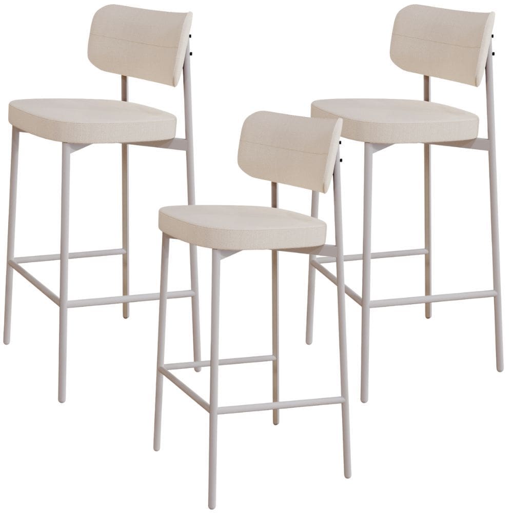 Kit 03 Banquetas Alta Bar Cozinha Sala De Jantar Aço Branco Kaira C01 Linho Palha - Lyam Decor