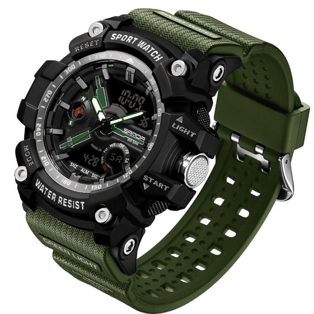 Relógio De Pulso Masculino Esportivo De Quartzo Dual Display Digital A Prova D´agua Verde