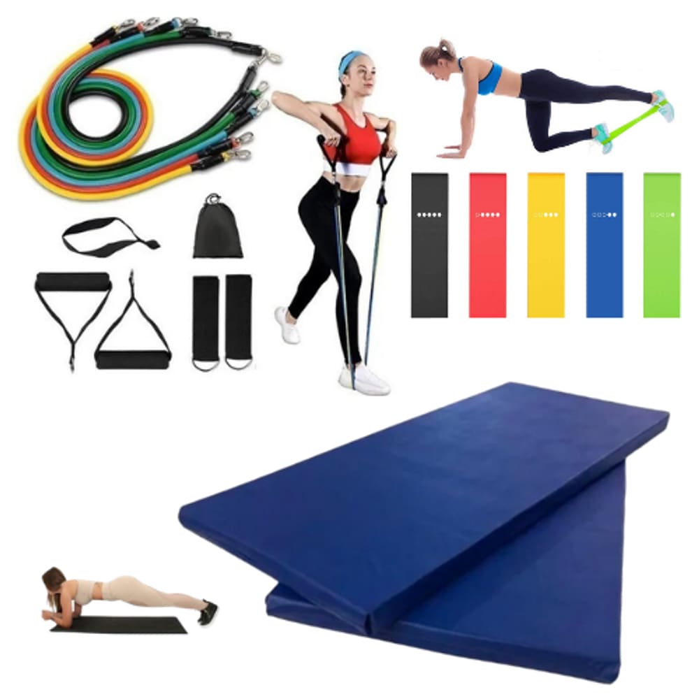 Kit Ginastica Academia com Elástico extensor 11 peça + Colchonete + Kit 5 Mini Band