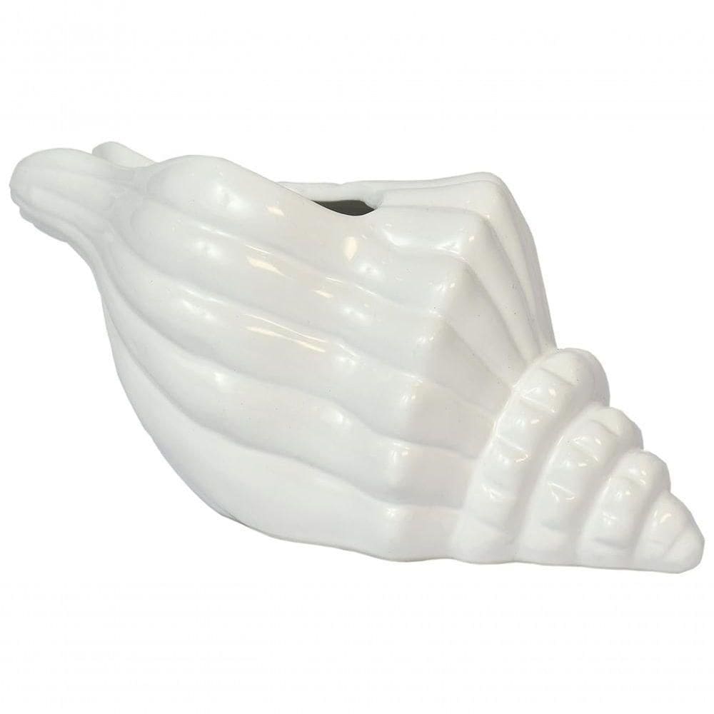 Vaso Decorativo Flores Cerâmica Branco Concha Espiral Oceano