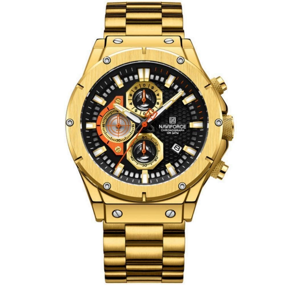 Relógio Masculino Quartzo Pulseira De Aço Inoxidável Casual Esportivo Preto Dourado