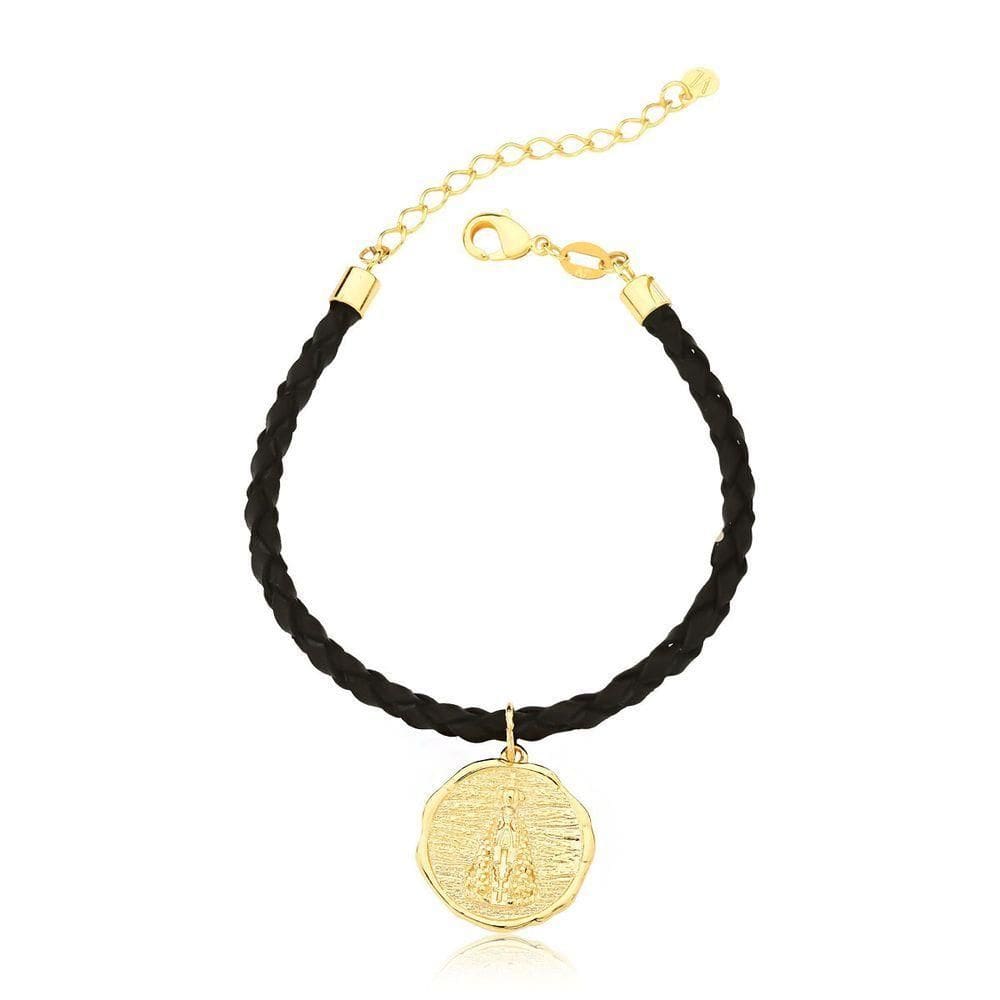 Pulseira De Couro Trançado Nossa Sra. Aparecida/cruz Revestida Em Ouro Tamanho 15cm