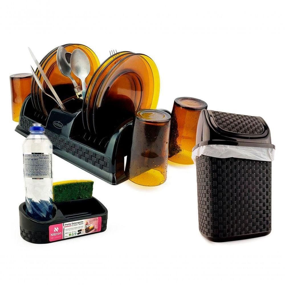 Kit Escorredor De Pratos + Lixeira Basculante 4,5l + Porta Detergente E Esponja Em Plástico Rattan