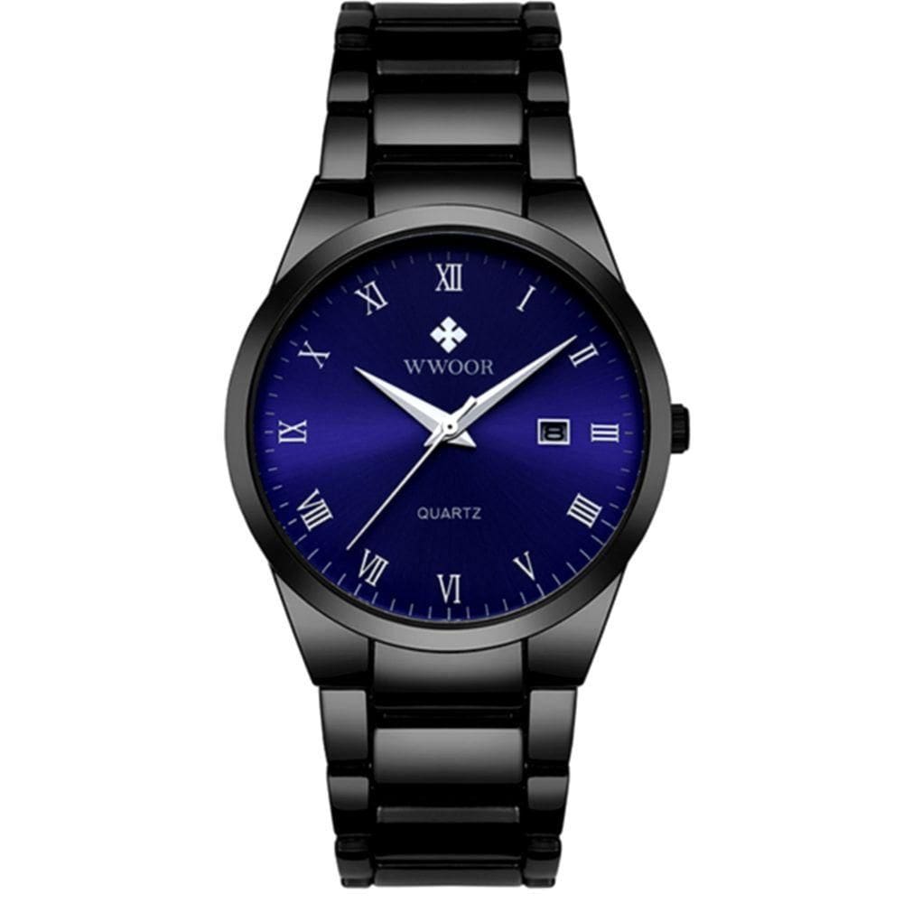 Relógio De Quartzo Masculino Com Data Automática Em Aço Inoxidavel Casual Preto Azul