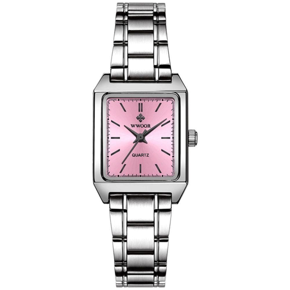 Relógio De Pulso Feminino Quadrado De Quartzo Em Aço Inoxidavel Impermeavel Rosa