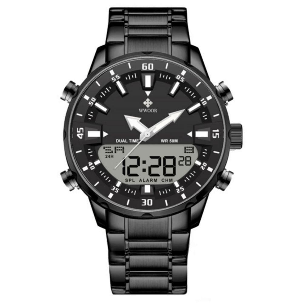 Relógio Masculino De Quartzo Digital Display Duplo Pulseira Em Aço Inoxidavel Impermeável Preto