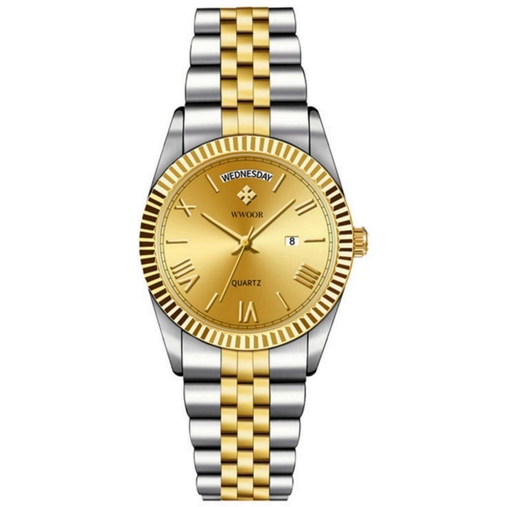 Relógio De Quartzo Masculino Design Casual Em Aço Inoxidavel à Prova D`água 3atm Prata Dourado