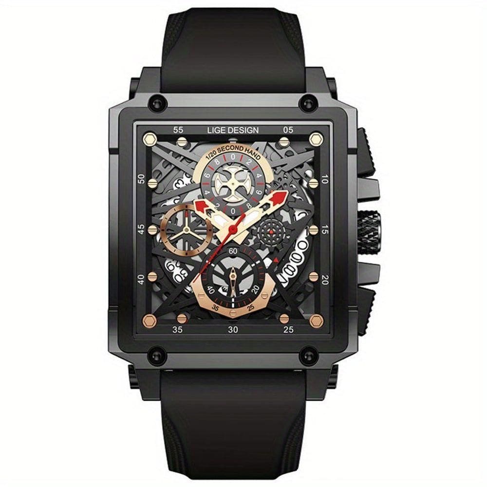 Relógio Masculino Lige, Quadrado De Pulso à Prova D`água Com Pulseira De Silicone Quartzo Esportivo Preto