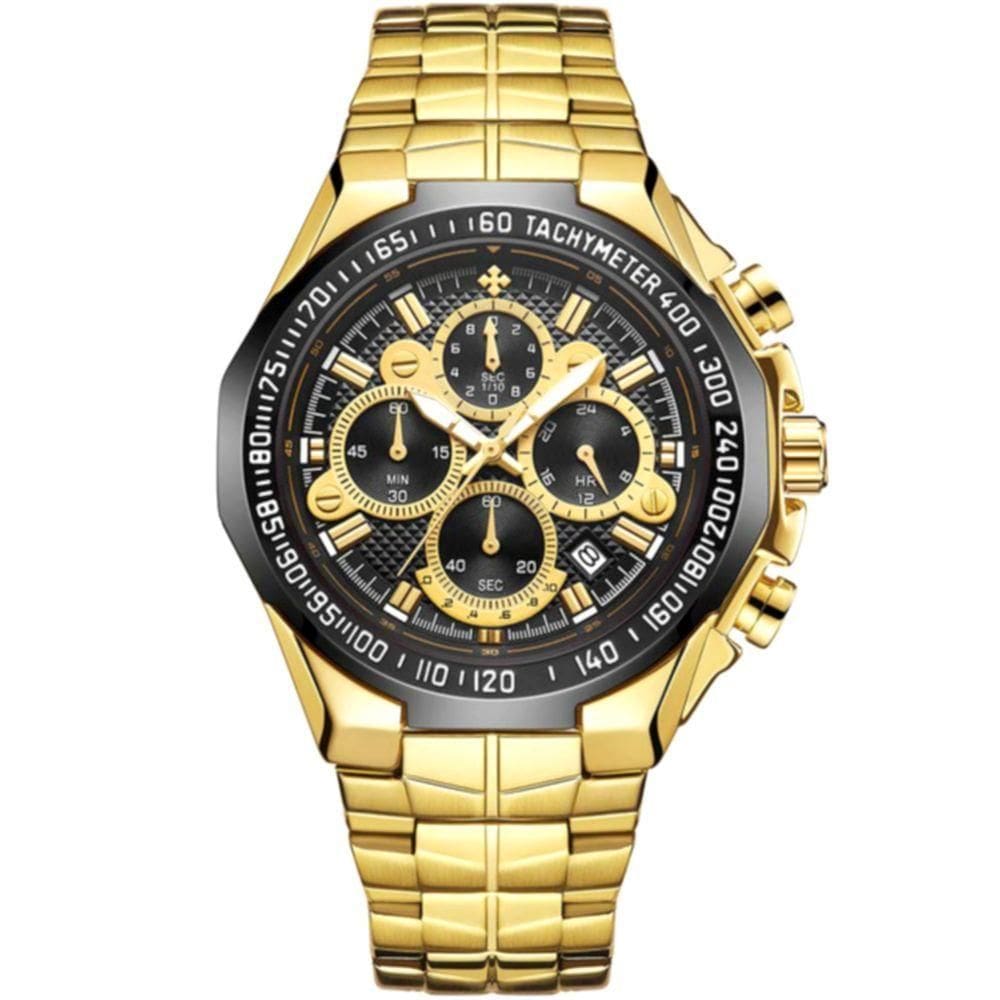 Relógio Esportivo Para Homens De Quartzo Pulseira Em Aço Inoxidavel á Prova água Preto Dourado