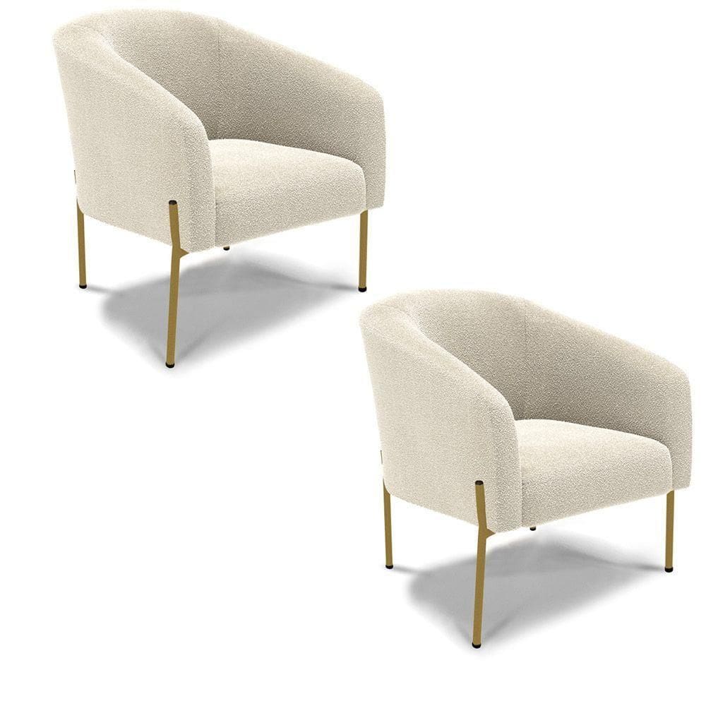 Cadeira Sala De Jantar Pé Ferro Dourado Kit 2 Stella Bouclê D03 - D`rossi Cor Bege