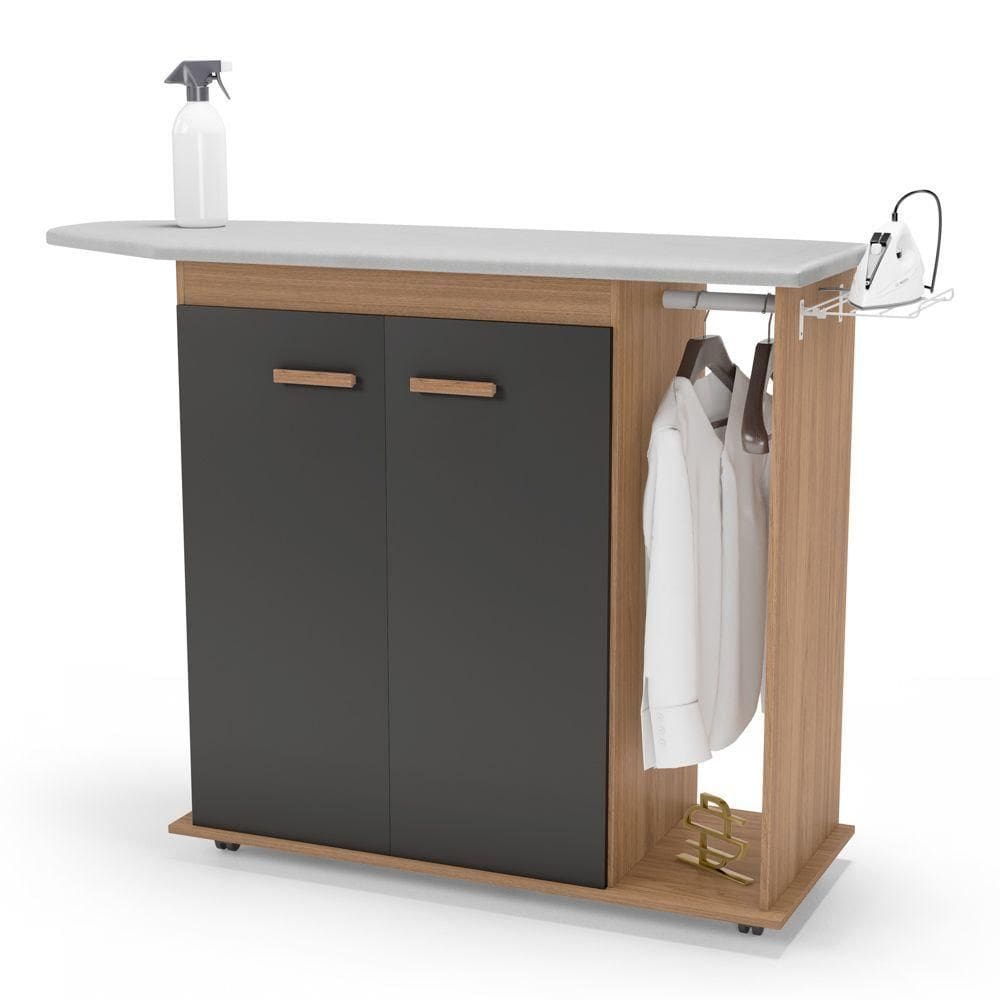 Tábua De Passar Roupa Top 02 Portas Com Suporte Para Ferro E Cabideiro Freijó Grafite - Desk Design