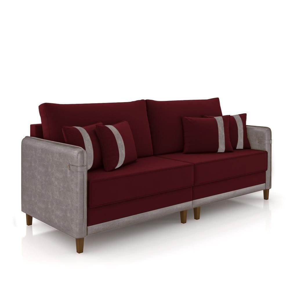 Sofá Living Montecarlo 2 Lugares Bipartido 212cm Pés Em Madeira Veludo Bordô-Cinza
