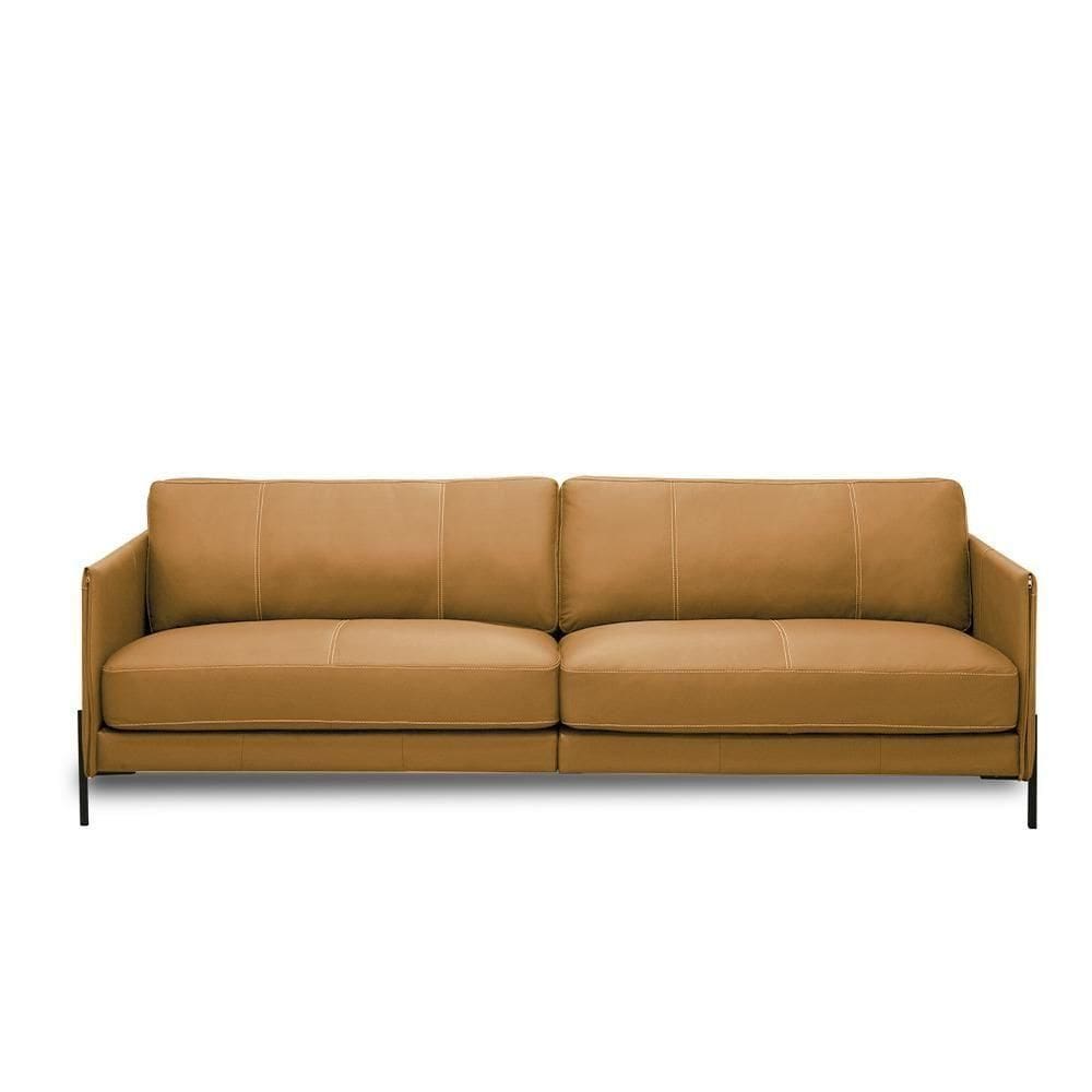Sofá Decorativo Karine 3 Lugares Sala De Estar 210cm Pés Em Aço Couro Caramelo