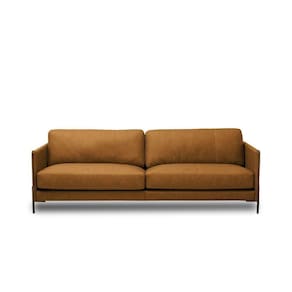 Sofá Decorativo Karine 3 Lugares Sala De Estar 240cm Pés Em Aço Couro Caramelo Manchado