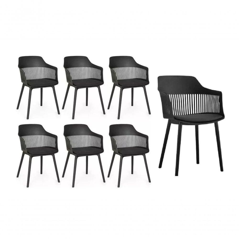 Kit 7 Cadeira Marcela Montreal Em Polipropileno Assento Estofado Preto